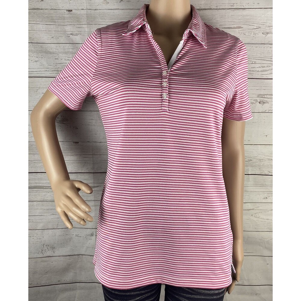 Abacus Polo Women's Medium Pink White Silver Striped Golf Shirt Short Sleeve Top